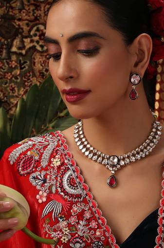 gold plated kundan red stones necklace set