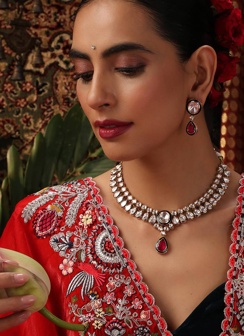 gold plated kundan red stones necklace set