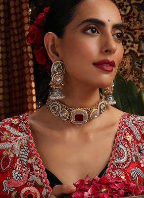 Gold plated kundan red stones choker necklace set 1