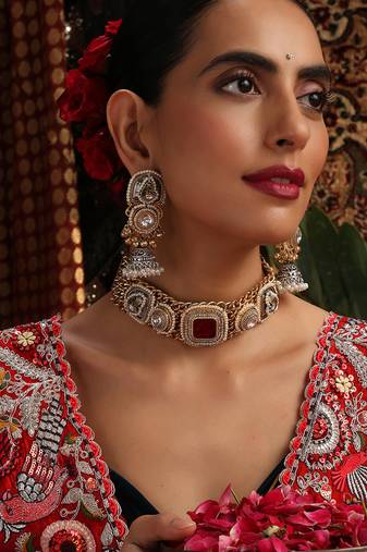 Gold plated kundan red stones choker necklace set