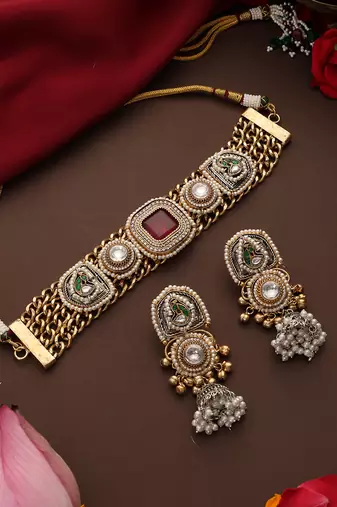 Gold plated kundan red stones choker necklace set