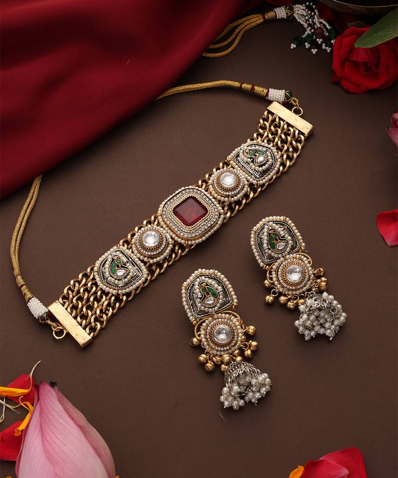 Gold plated kundan red stones choker necklace set