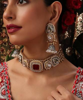 Gold plated kundan red stones choker necklace set 3