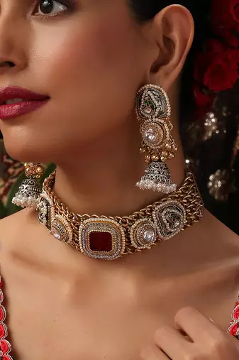 Gold plated kundan red stones choker necklace set