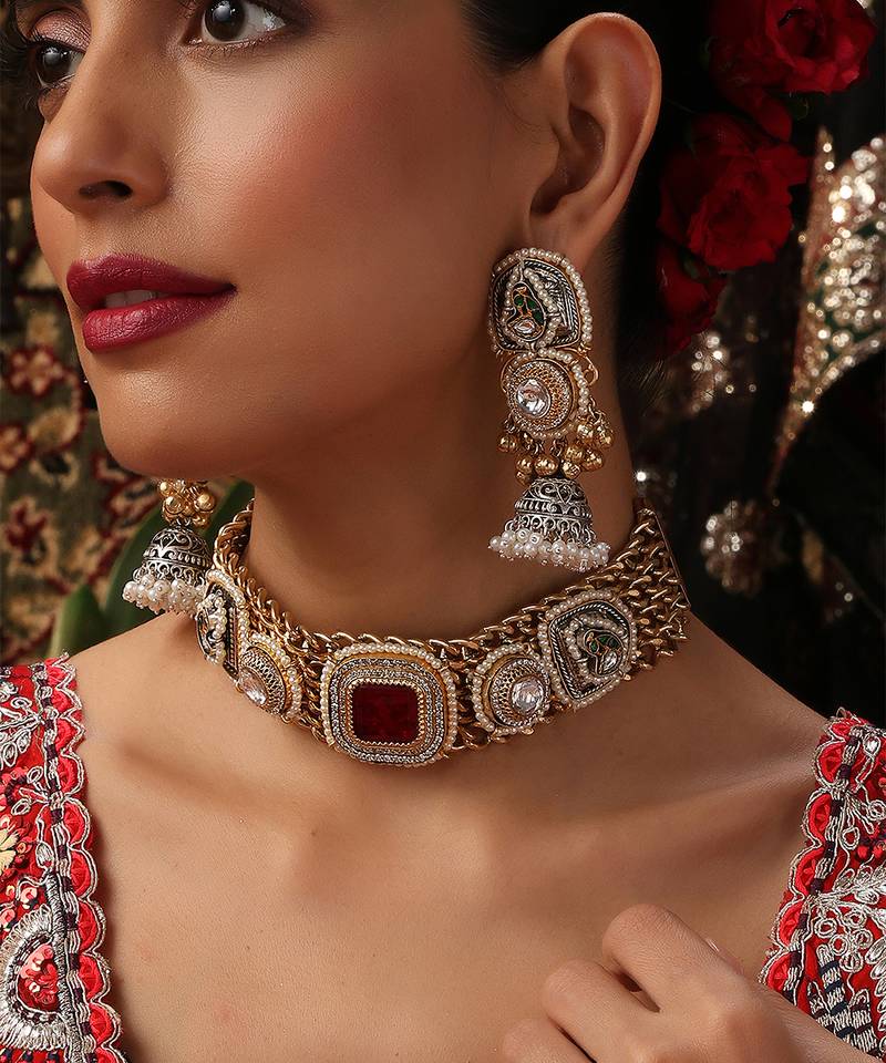 Gold plated kundan red stones choker necklace set