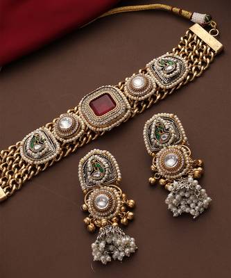 Gold plated kundan red stones choker necklace set 4