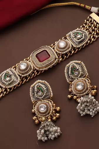 Gold plated kundan red stones choker necklace set