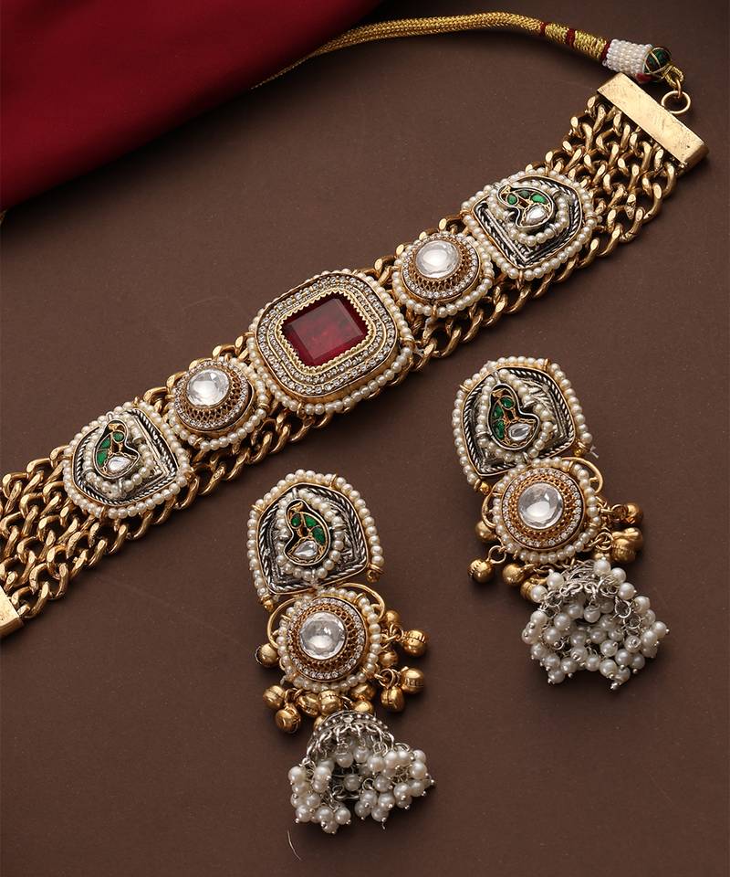 Gold plated kundan red stones choker necklace set