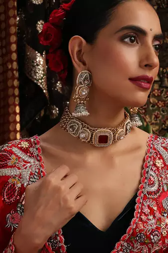 Gold plated kundan red stones choker necklace set
