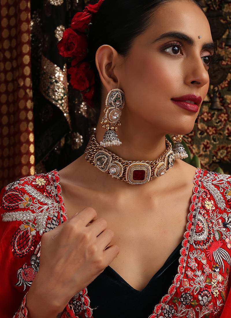 Gold plated kundan red stones choker necklace set