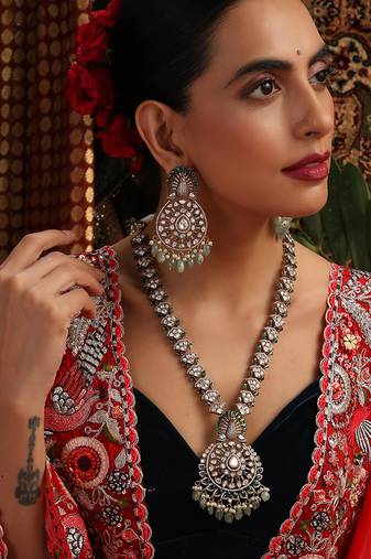 Gold plated kundan green stones necklace set