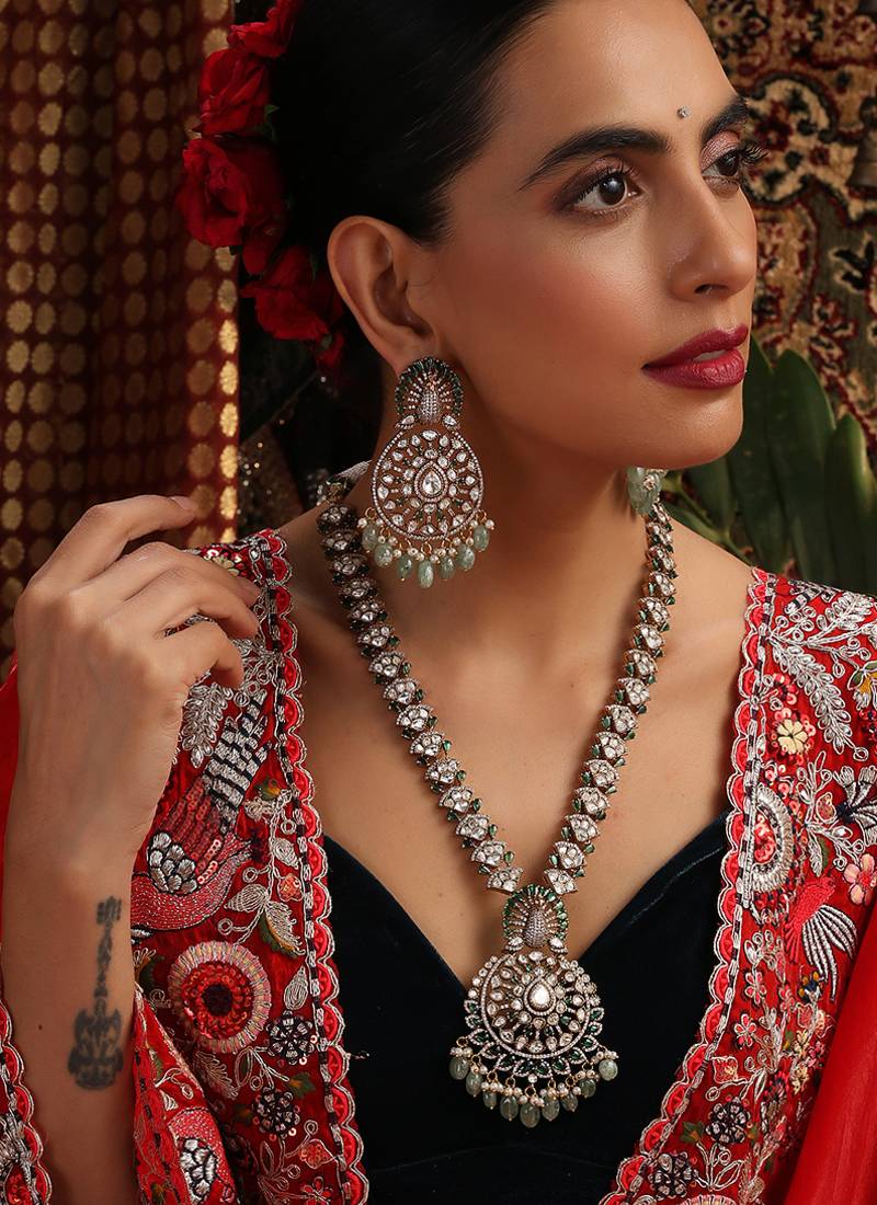 Gold plated kundan green stones necklace set