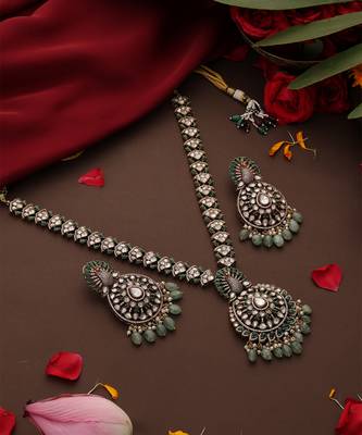 Gold plated kundan green stones necklace set 2