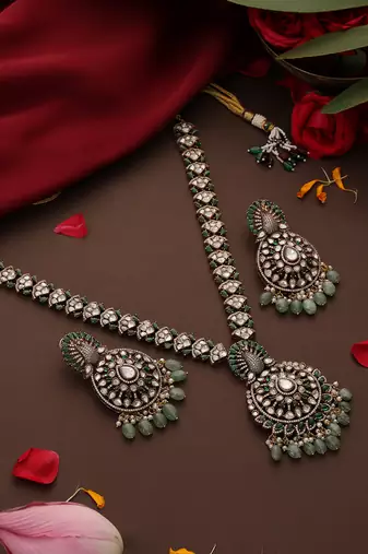 Gold plated kundan green stones necklace set
