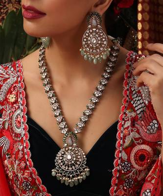Gold plated kundan green stones necklace set 3