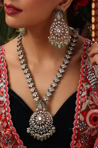 Gold plated kundan green stones necklace set