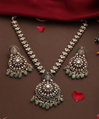 Gold plated kundan green stones necklace set 4