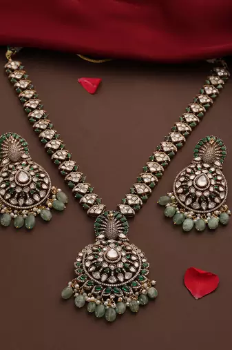 Gold plated kundan green stones necklace set