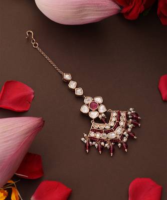 gold plated kundan red stone maang tikka 2