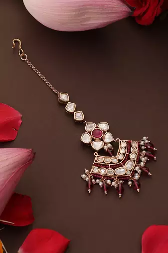 gold plated kundan red stone maang tikka