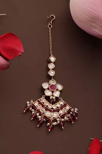 gold plated kundan red stone maang tikka