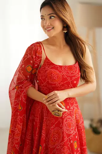 Red Chiffon Sequin Anarkali with dupatta