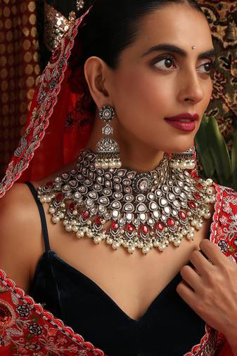 Gold plated kundan red stones necklace set