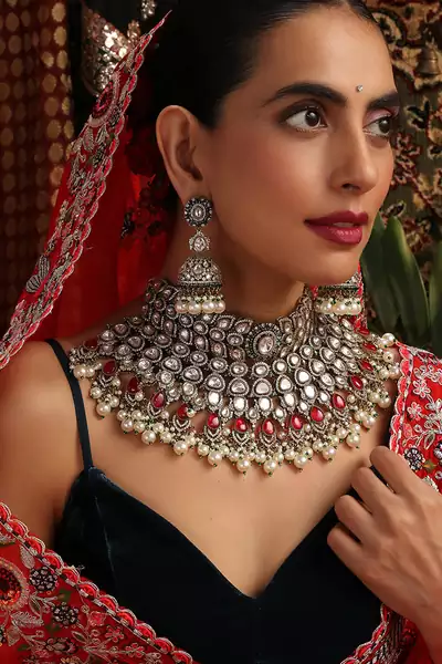 Gold plated kundan red stones necklace set