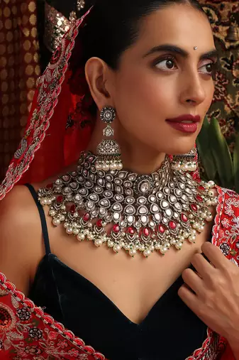 Gold plated kundan red stones necklace set