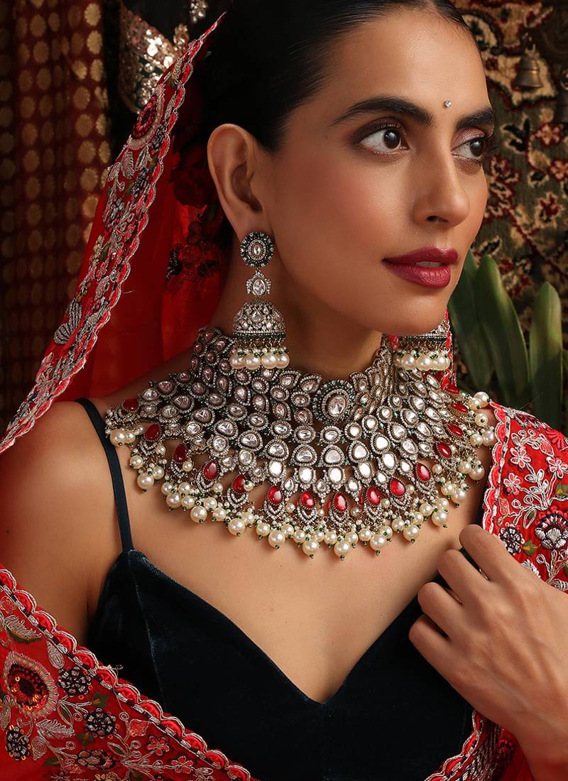 Gold plated kundan red stones necklace set