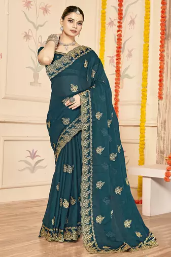 designer teal blue zari embroidery work moss silk blend saree