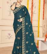 designer teal blue zari embroidery work moss silk blend saree