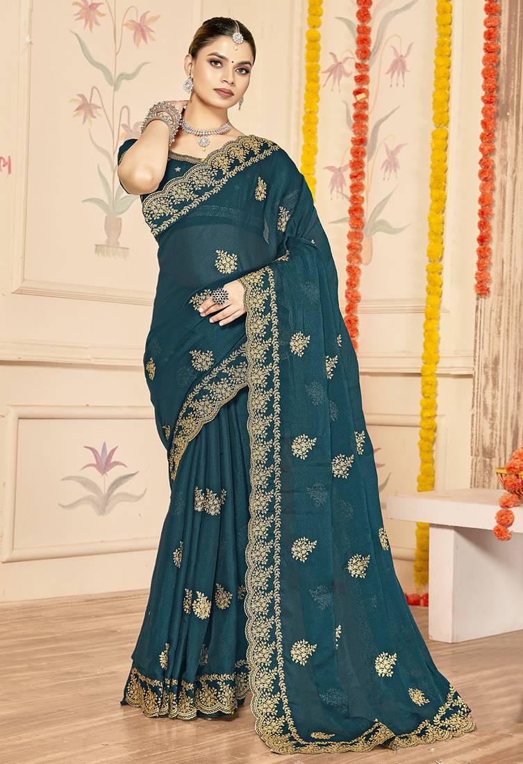 designer teal blue zari embroidery work moss silk blend saree