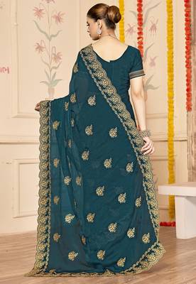 designer teal blue zari embroidery work moss silk blend saree 2