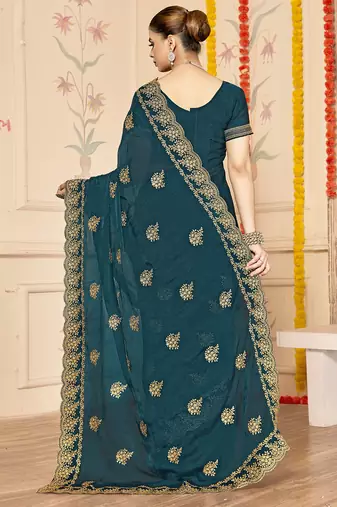 designer teal blue zari embroidery work moss silk blend saree