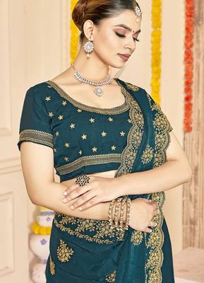 designer teal blue zari embroidery work moss silk blend saree 3