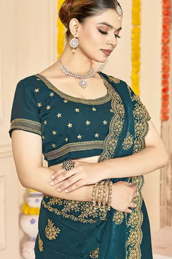 designer teal blue zari embroidery work moss silk blend saree