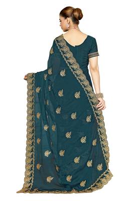 designer teal blue zari embroidery work moss silk blend saree 4
