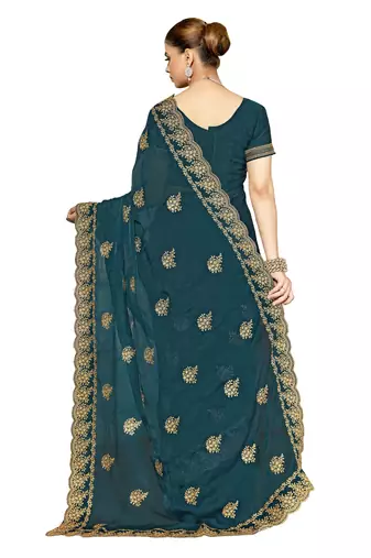 designer teal blue zari embroidery work moss silk blend saree