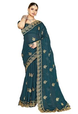designer teal blue zari embroidery work moss silk blend saree 5