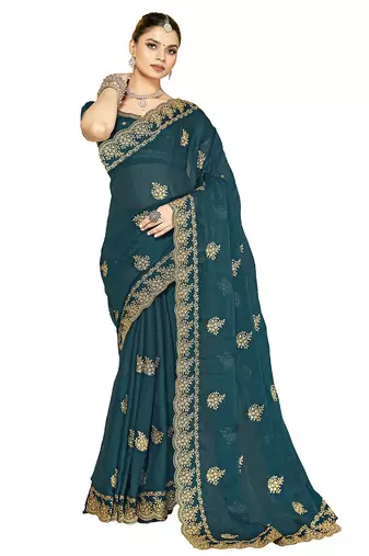 designer teal blue zari embroidery work moss silk blend saree