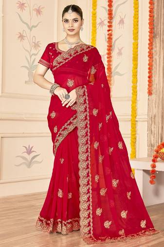 designer red zari embroidery work moss silk blend saree