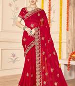 designer red zari embroidery work moss silk blend saree