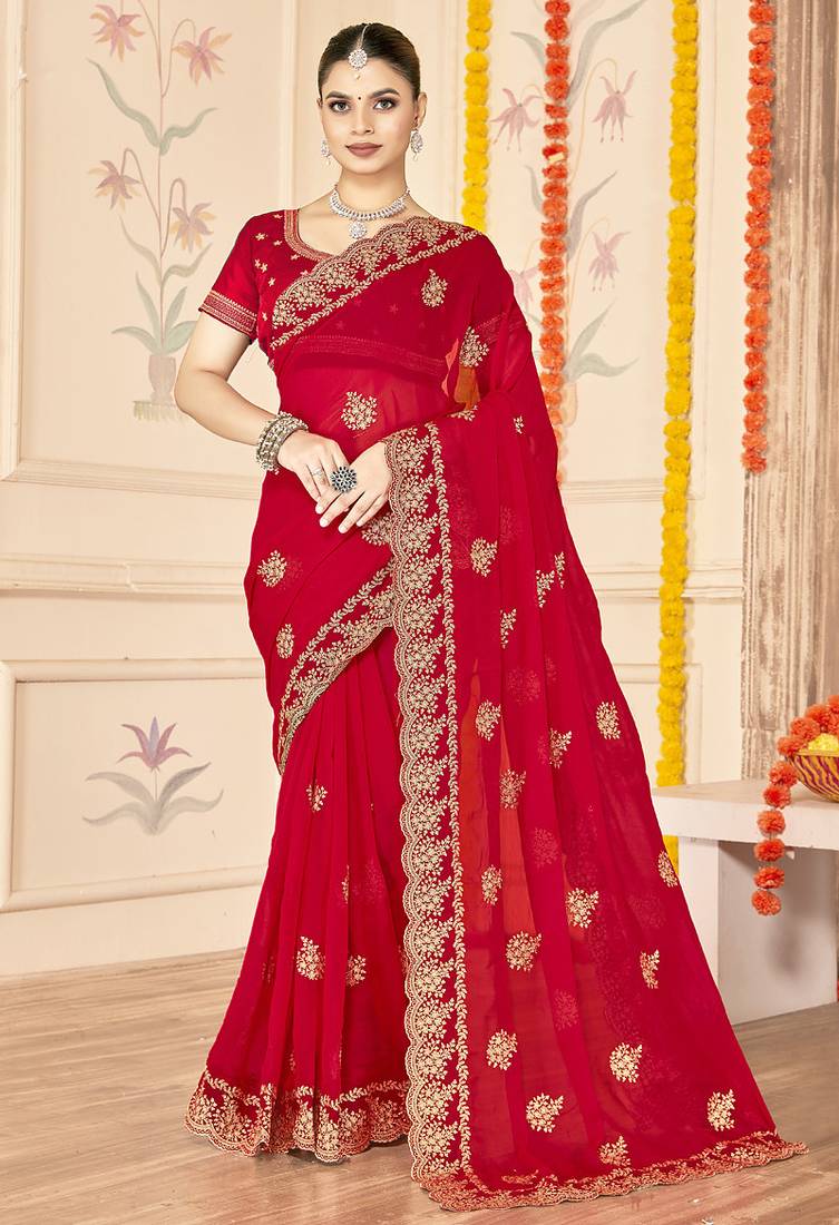 designer red zari embroidery work moss silk blend saree