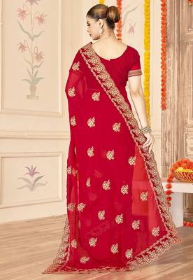 designer red zari embroidery work moss silk blend saree 2