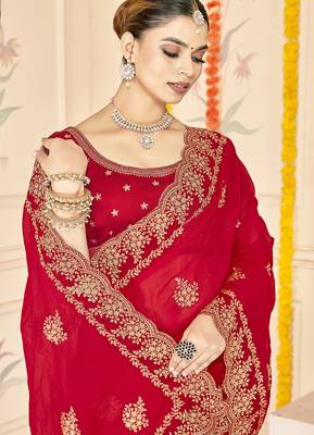 designer red zari embroidery work moss silk blend saree 3