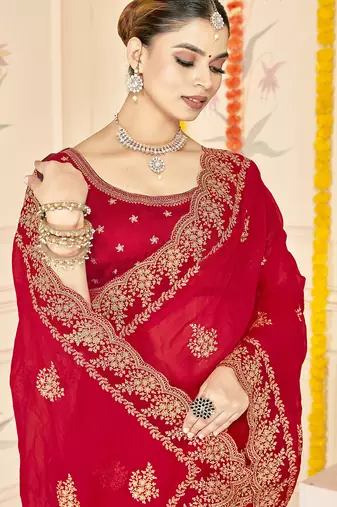 designer red zari embroidery work moss silk blend saree