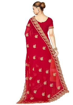 designer red zari embroidery work moss silk blend saree 4