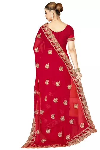 designer red zari embroidery work moss silk blend saree