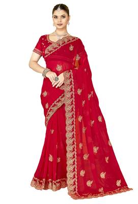 designer red zari embroidery work moss silk blend saree 5